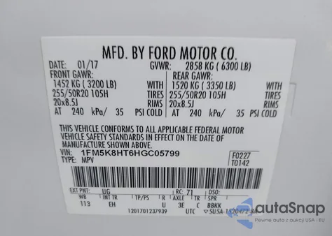 2017 Ford Explorer Platinum z USA, uszkodzony, nr VIN 1FM5K8HT6HGC05799